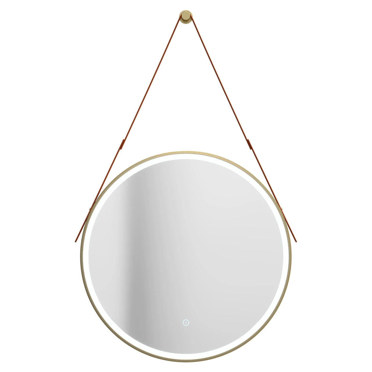 Colore Brushed Brass Frame With Brown Strap 600mm Round Illuminated LED Mirror With Demister And Touch Sensor - Image 2