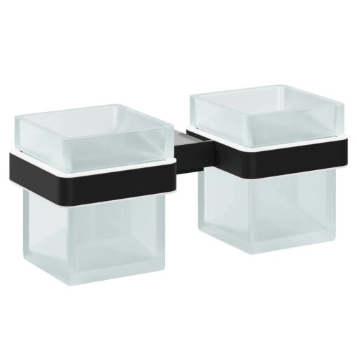 Colore Square Matt Black And Frosted Glass Wall Mounted Double Bathroom Tumbler - Image 3