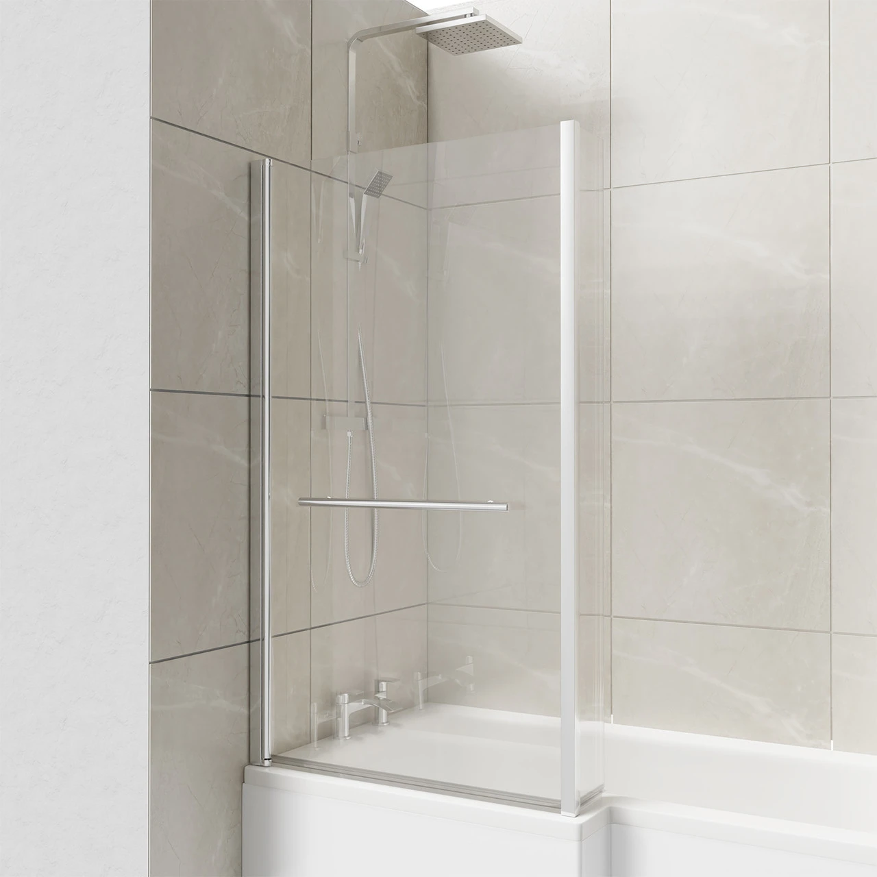 Loire Polished Chrome 805mm Hinged L Shaped Bath Shower Screen With Towel Rail