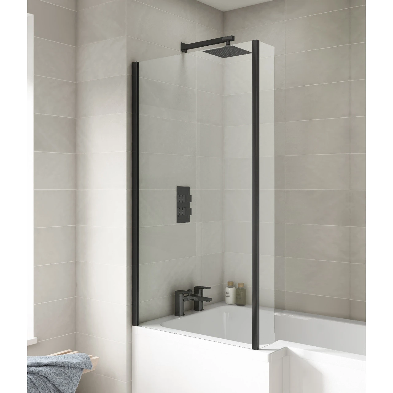 Nuie Pacific Matt Black L Shaped Bath Screen With Fixed Return - NSBS7BP - Image 2