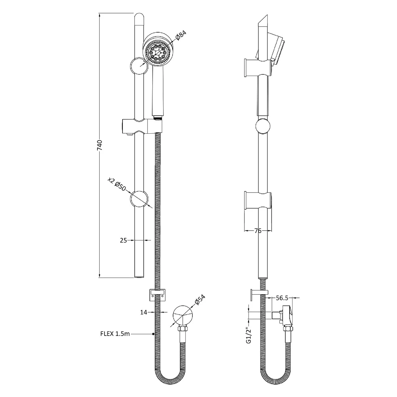Nuie Round Shower Slide Rail Kit With Outlet Elbow - STY742 - Image 2