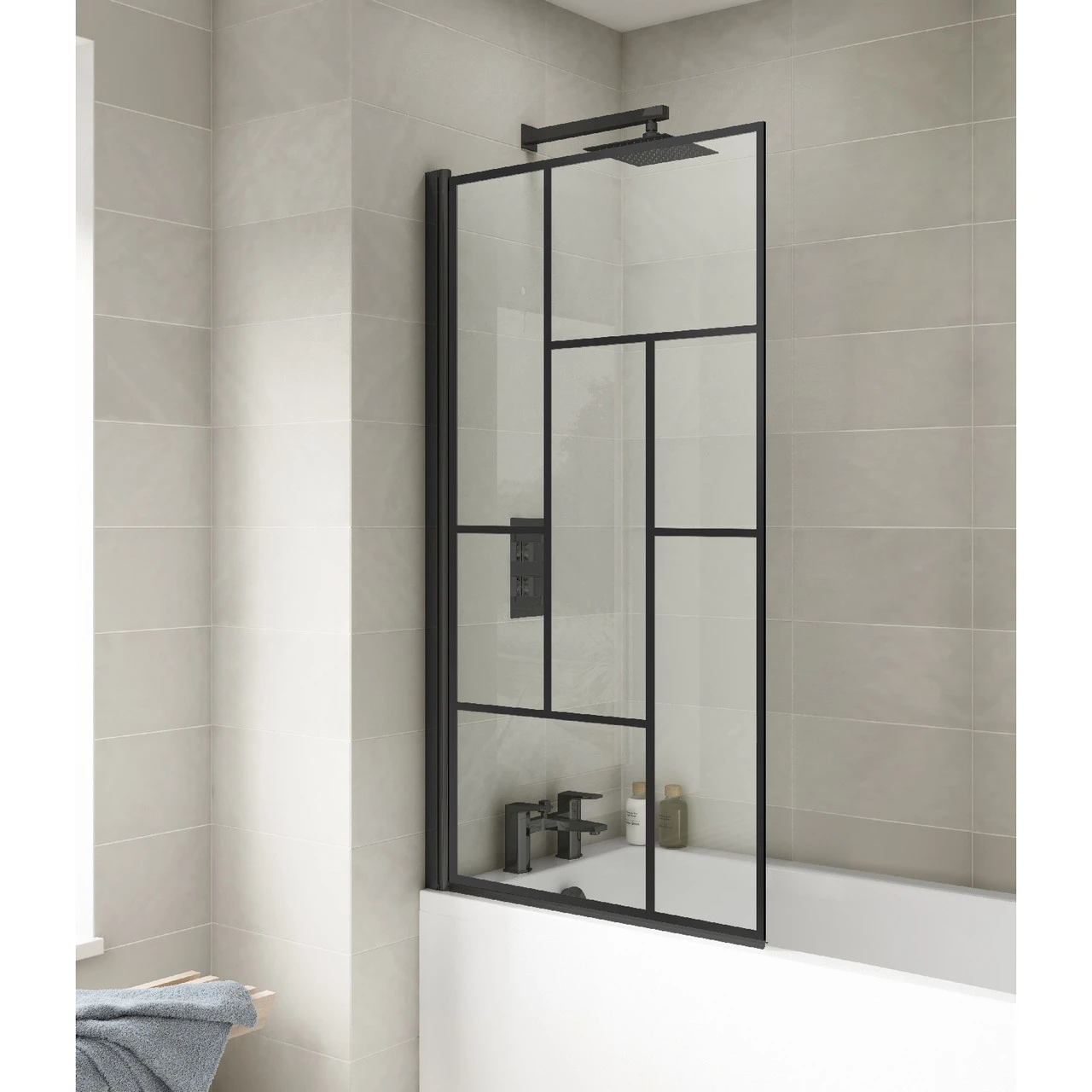 Nuie Square Block Matt Black Framed Bath Screen - NSSQBB - Image 2