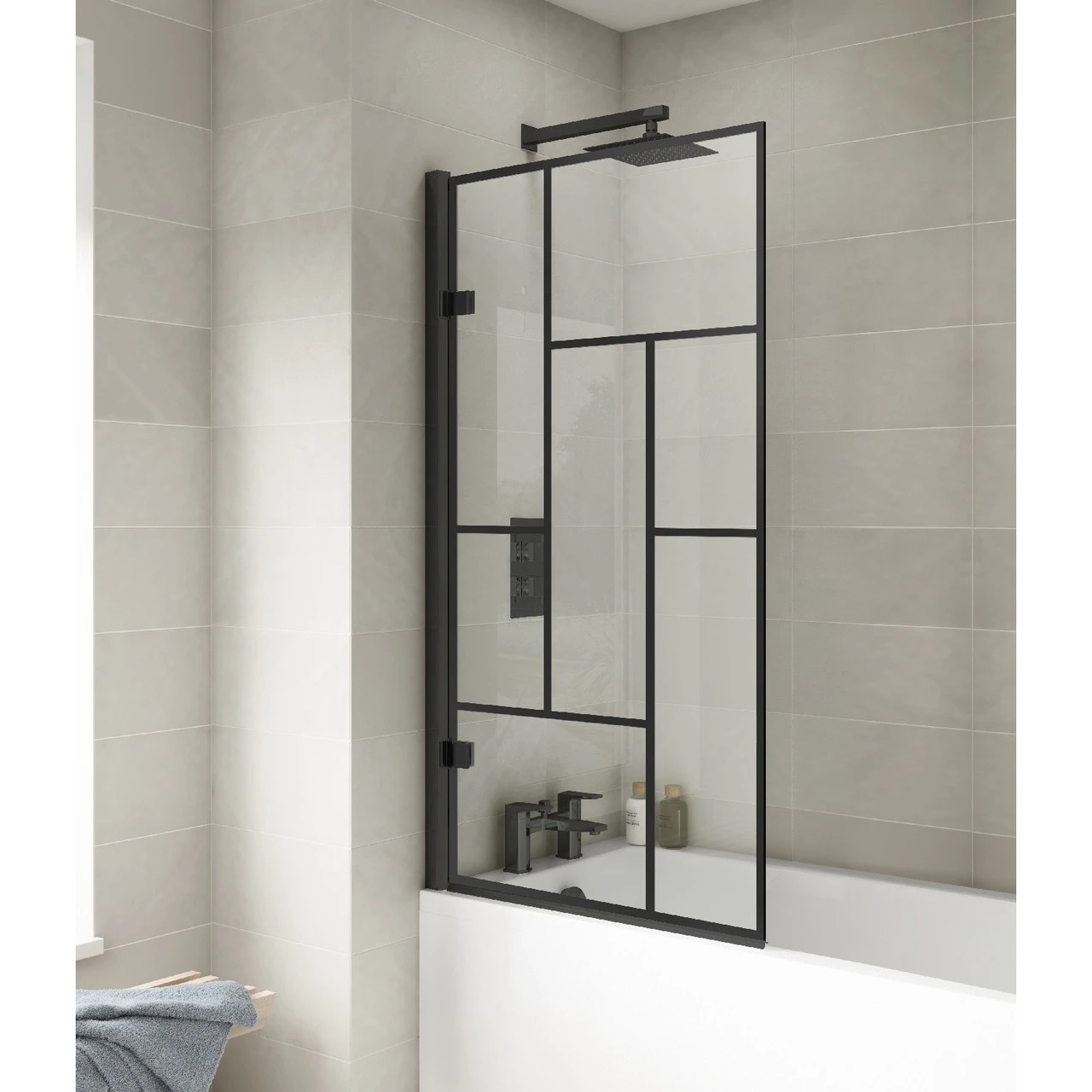 Nuie Square Block Matt Black Framed Hinged Bath Screen - NSSQ7BB - Image 2