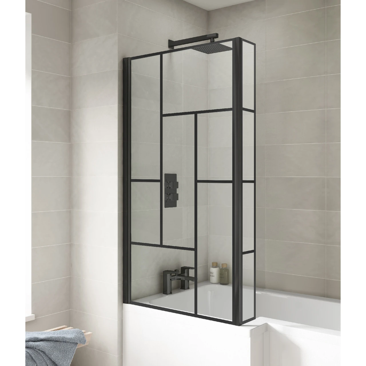 Nuie Square Block Matt Black Framed L Shaped Bath Screen With Fixed Return - NSBS7BB - Image 2